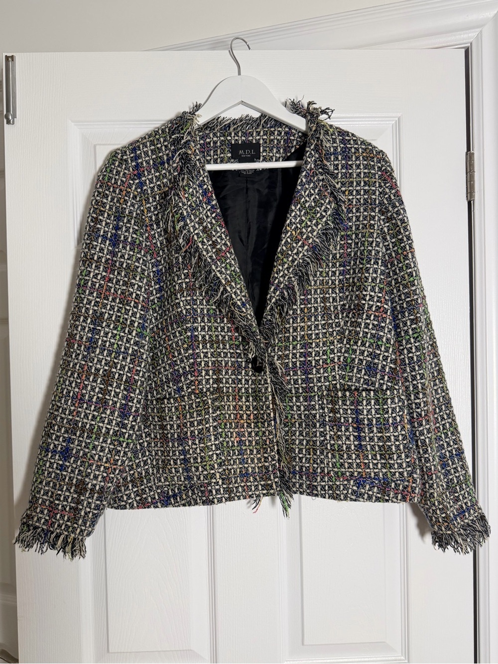 Vintage M.D.L. New York Multicolor Tweed Bouclé Fringe Blazer Jacket Size 12